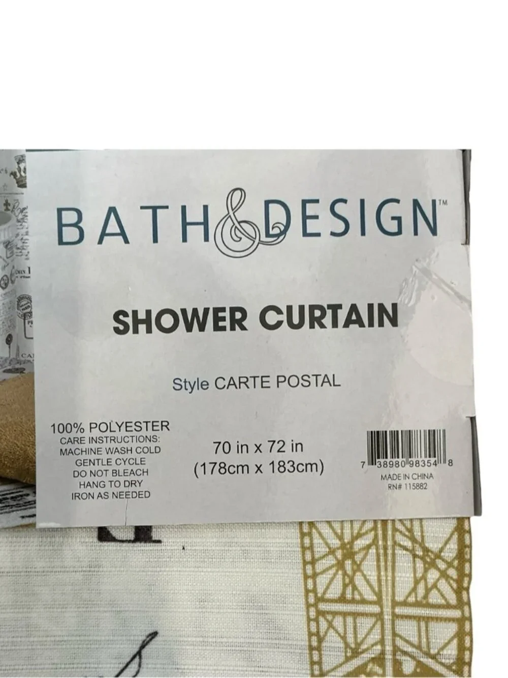 Paris Eiffel Tower Material Fabric Shower Curtain White Gold 70’x 72” NEW